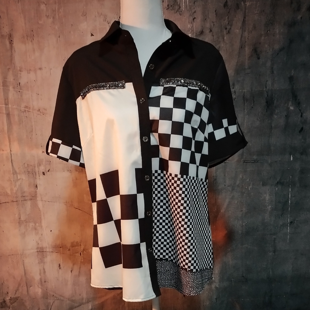 Fun Checkered Studded Button Down - image 1